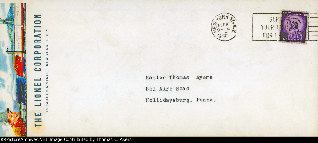 Lionel Letter Envelope, 1956